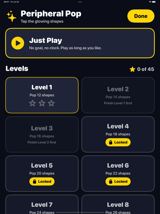 The Peripheral Pop menu: a large outlined Just Play panel reading no goal, no clock, play as long as you like, above a grid of big level cards each showing a goal such as Pop 12 shapes with three star outlines.